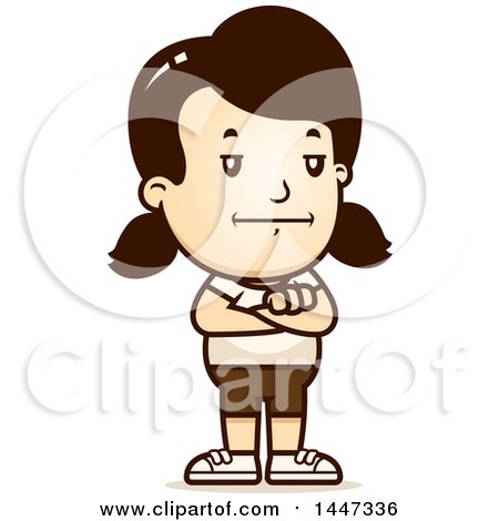 Clipart of a Retro Bored or Stubborn Caucasian Girl in Shorts, Standing with Folded Arms - Royalty Free Vector Illustration by Cory Thoman
