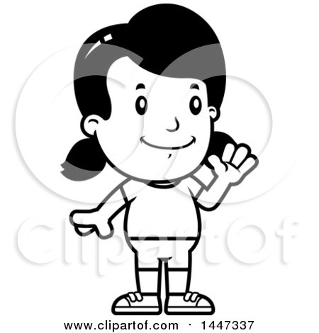 Clipart of a Black and White Retro Waving Girl in Shorts - Royalty Free Vector Illustration by Cory Thoman
