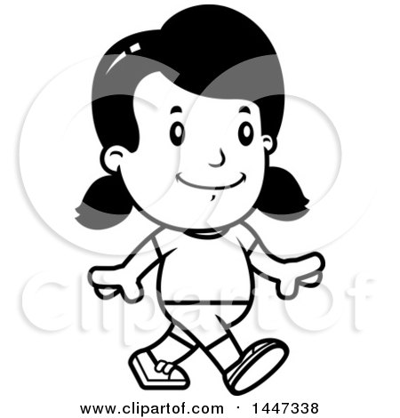 Clipart of a Black and White Retro Girl Walking in Shorts - Royalty Free Vector Illustration by Cory Thoman