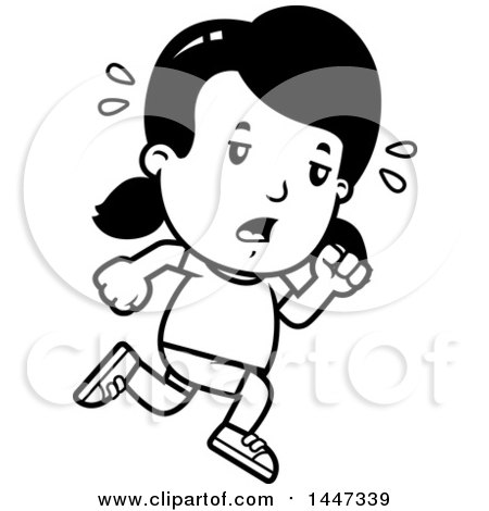 Clipart of a Black and White Retro Tired Girl Running in Shorts - Royalty Free Vector Illustration by Cory Thoman