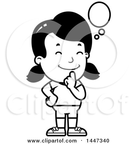 Clipart of a Black and White Retro Thinking Girl in Shorts - Royalty Free Vector Illustration by Cory Thoman