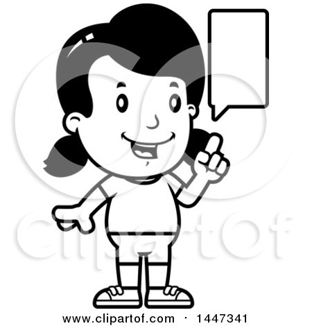 Clipart of a Black and White Retro Talking Girl in Shorts - Royalty Free Vector Illustration by Cory Thoman