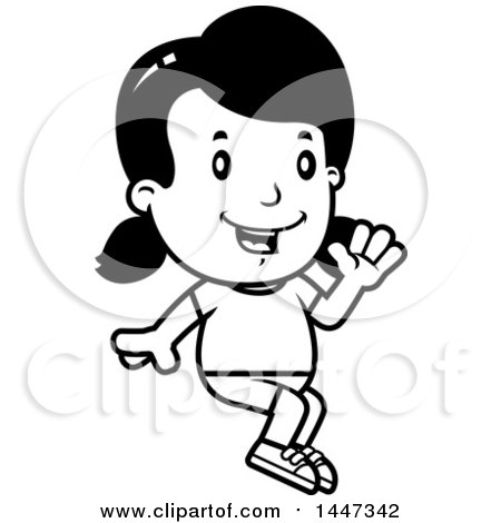 Clipart of a Black and White Retro Girl Sitting and Waving in Shorts - Royalty Free Vector Illustration by Cory Thoman