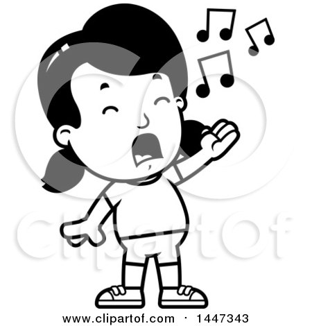 Clipart of a Black and White Retro Singing Girl in Shorts - Royalty Free Vector Illustration by Cory Thoman