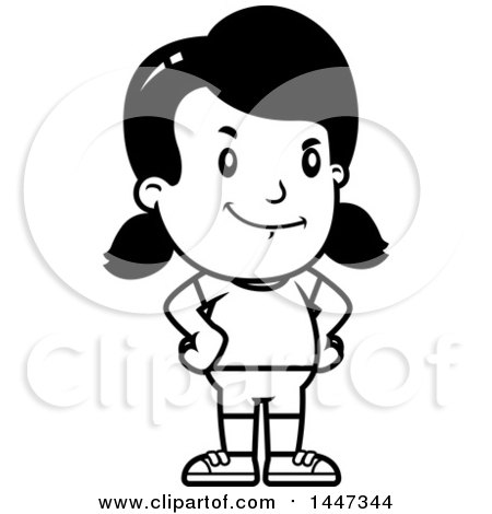 Clipart of a Black and White Retro Proud Girl in Shorts - Royalty Free Vector Illustration by Cory Thoman