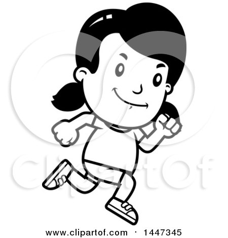Clipart of a Black and White Retro Girl Running in Shorts - Royalty Free Vector Illustration by Cory Thoman