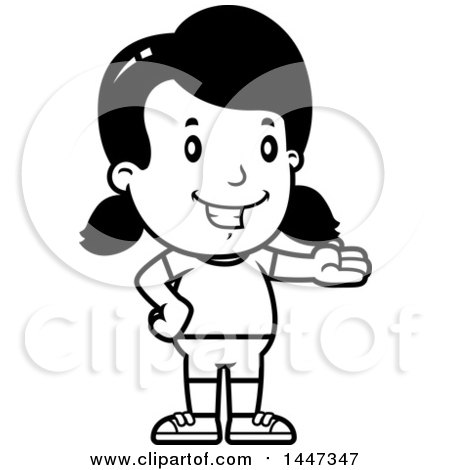 Clipart of a Black and White Retro Presenting Girl in Shorts - Royalty Free Vector Illustration by Cory Thoman