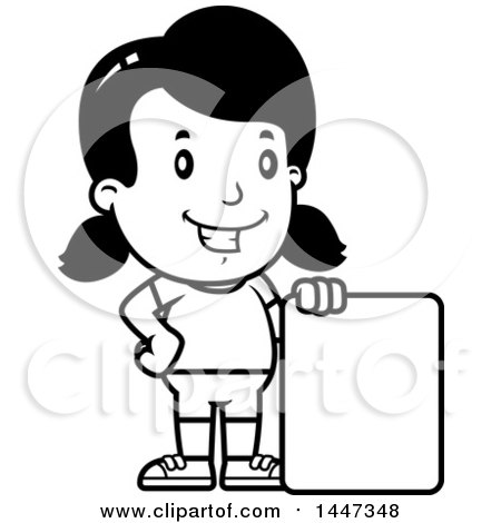 Clipart of a Black and White Retro Girl in Shorts, with a Blank Sign - Royalty Free Vector Illustration by Cory Thoman
