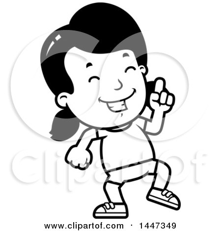 Clipart of a Black and White Retro Girl in Shorts, Doing a Happy Dance - Royalty Free Vector Illustration by Cory Thoman