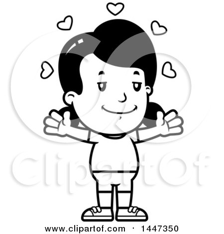 Clipart of a Black and White Retro Girl in Shorts, with Open Arms and Love Hearts - Royalty Free Vector Illustration by Cory Thoman