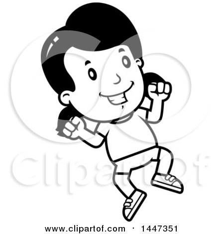 Clipart of a Black and White Retro Girl Jumping in Shorts - Royalty Free Vector Illustration by Cory Thoman
