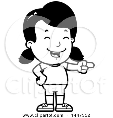 Clipart of a Black and White Retro Girl in Shorts, Laughing and Pointing - Royalty Free Vector Illustration by Cory Thoman