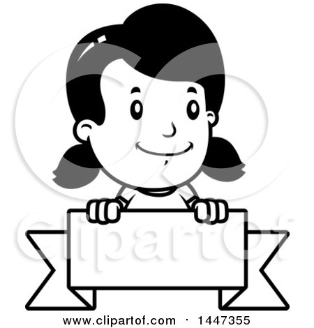 Clipart of a Black and White Retro Black and White Girl over a Blank Ribbon Banner - Royalty Free Vector Illustration by Cory Thoman