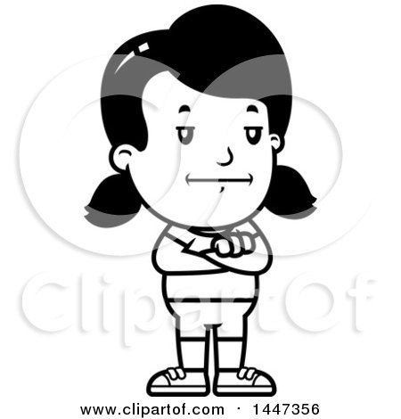 Clipart of a Black and White Retro Bored or Stubborn Girl in Shorts, Standing with Folded Arms - Royalty Free Vector Illustration by Cory Thoman
