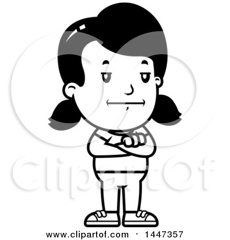 Clipart of a Black and White Retro Bored or Stubborn Girl Standing with Folded Arms - Royalty Free Vector Illustration by Cory Thoman