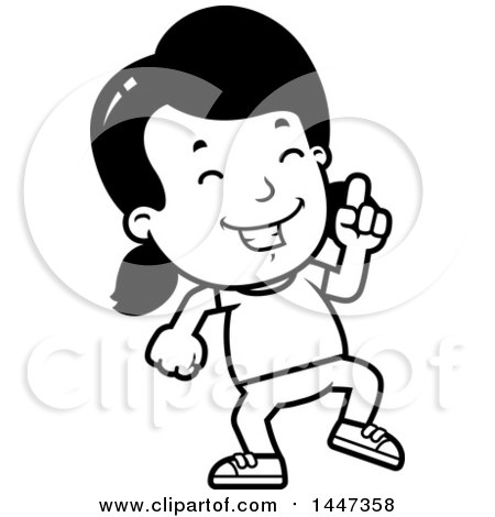 Clipart of a Black and White Retro Girl Doing a Happy Dance - Royalty Free Vector Illustration by Cory Thoman