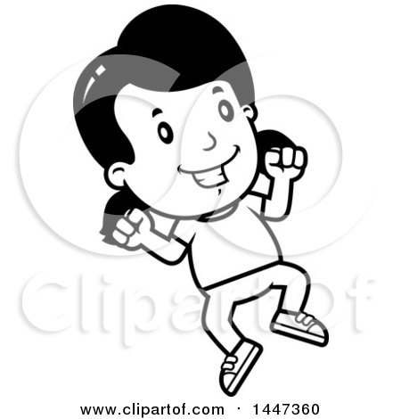 Clipart of a Black and White Retro Girl Jumping - Royalty Free Vector Illustration by Cory Thoman