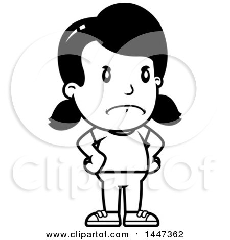 Clipart of a Black and White Retro Angry Girl with Hands on Her Hips - Royalty Free Vector Illustration by Cory Thoman