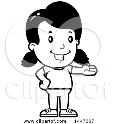 Clipart of a Black and White Retro Girl Presenting - Royalty Free Vector Illustration by Cory Thoman