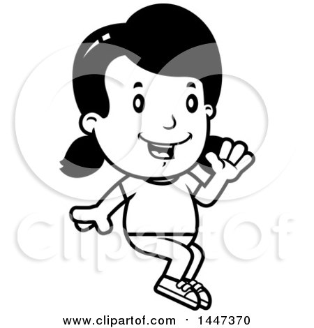 Clipart of a Black and White Retro Girl Sitting and Waving - Royalty Free Vector Illustration by Cory Thoman