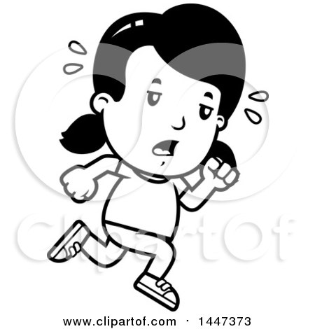 Clipart of a Black and White Retro Tired Girl Running - Royalty Free Vector Illustration by Cory Thoman