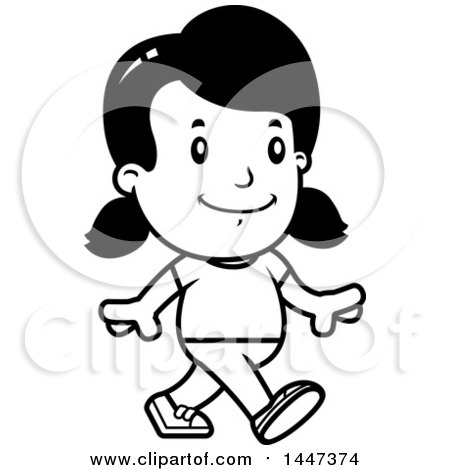 Clipart of a Black and White Retro Girl Walking - Royalty Free Vector Illustration by Cory Thoman