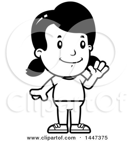 Clipart of a Black and White Retro Girl Waving - Royalty Free Vector Illustration by Cory Thoman