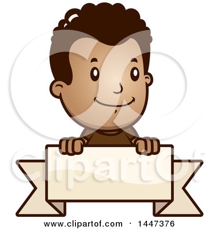 Clipart of a Retro African American Boy Smiling over a Blank Ribbon Banner - Royalty Free Vector Illustration by Cory Thoman