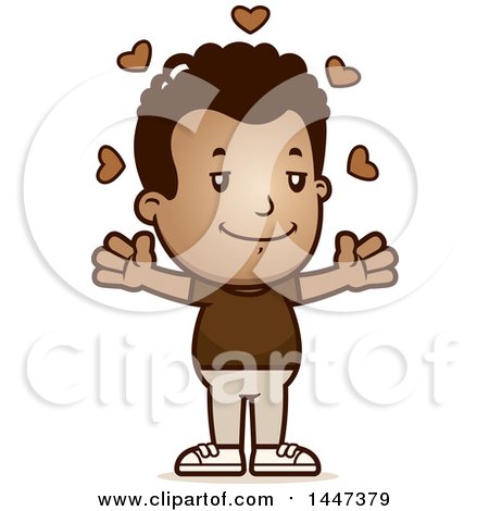 Clipart of a Retro African American Boy with Open Arms and Love Hearts - Royalty Free Vector Illustration by Cory Thoman