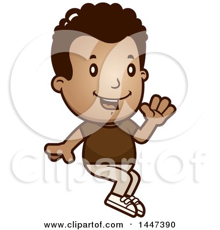 Clipart of a Retro African American Boy Waving and Sitting - Royalty Free Vector Illustration by Cory Thoman
