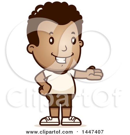 Clipart of a Retro Presenting African American Boy in Shorts - Royalty Free Vector Illustration by Cory Thoman