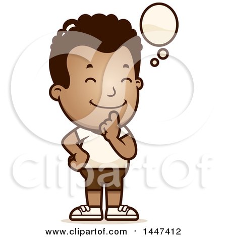 Clipart of a Retro Thinking African American Boy in Shorts - Royalty Free Vector Illustration by Cory Thoman