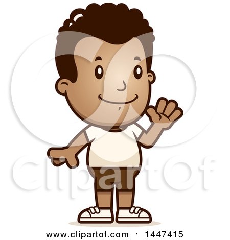 Clipart of a Retro Waving African American Boy in Shorts - Royalty Free Vector Illustration by Cory Thoman