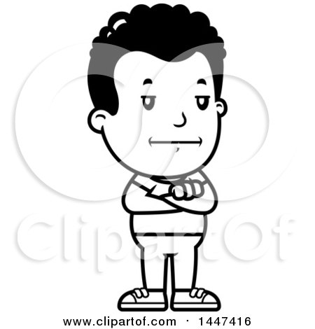 Clipart of a Retro Black and White Bored or Stubborn African American Boy Standing with Folded Arms - Royalty Free Vector Illustration by Cory Thoman