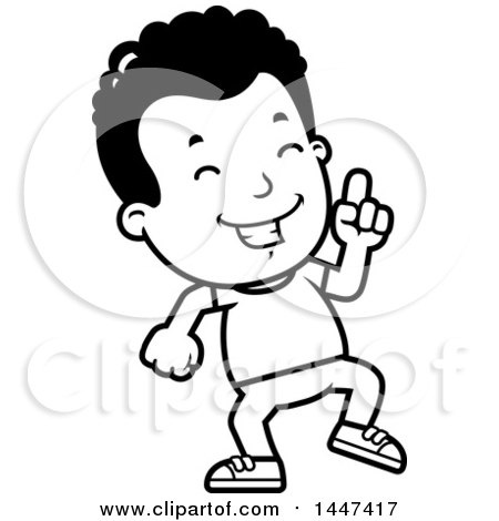 Clipart of a Retro Black and White African American Boy Doing a Happy Dance - Royalty Free Vector Illustration by Cory Thoman