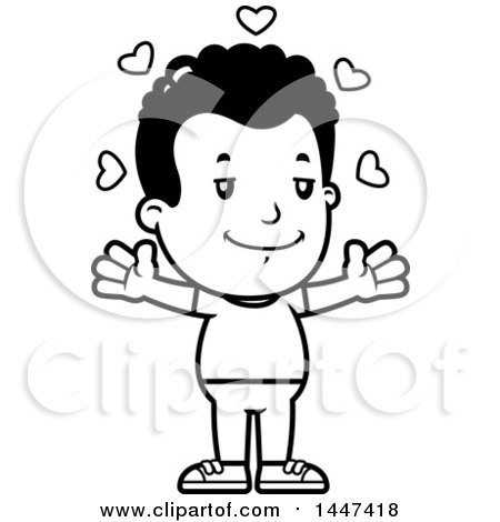 Clipart of a Retro Black and White African American Boy with Open Arms and Love Hearts - Royalty Free Vector Illustration by Cory Thoman