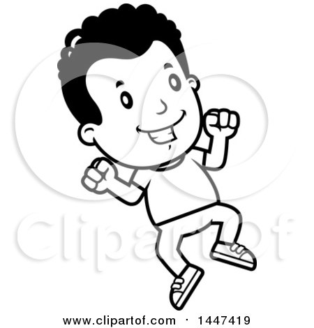 Clipart of a Retro Black and White African American Boy Jumping - Royalty Free Vector Illustration by Cory Thoman
