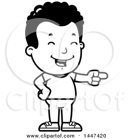Clipart of a Retro Black and White African American Boy Laughing and Pointing - Royalty Free Vector Illustration by Cory Thoman