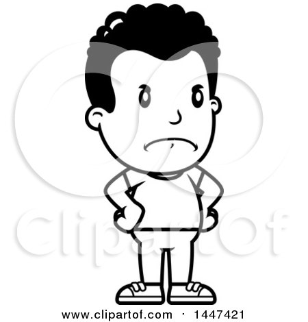 Clipart of a Retro Black and White Angry African American Boy with Hands on His Hips - Royalty Free Vector Illustration by Cory Thoman
