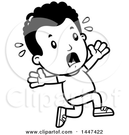 Clipart of a Retro Black and White African American Boy Running Scared - Royalty Free Vector Illustration by Cory Thoman