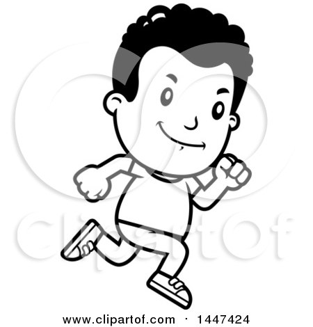 Clipart of a Retro Black and White African American Boy Running - Royalty Free Vector Illustration by Cory Thoman