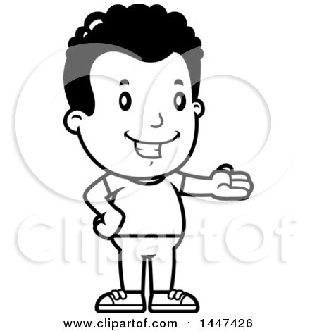 Clipart of a Retro Black and White African American Boy Presenting - Royalty Free Vector Illustration by Cory Thoman