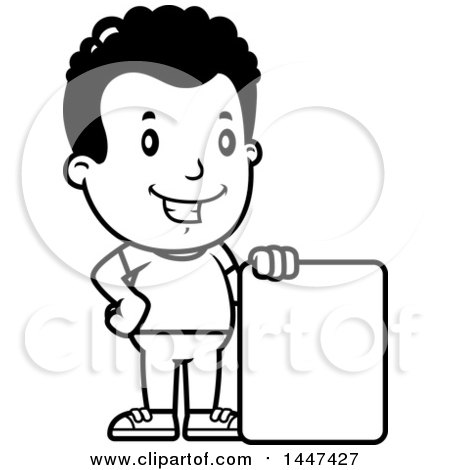 Clipart of a Retro Black and White African American Boy with a Blank Sign - Royalty Free Vector Illustration by Cory Thoman