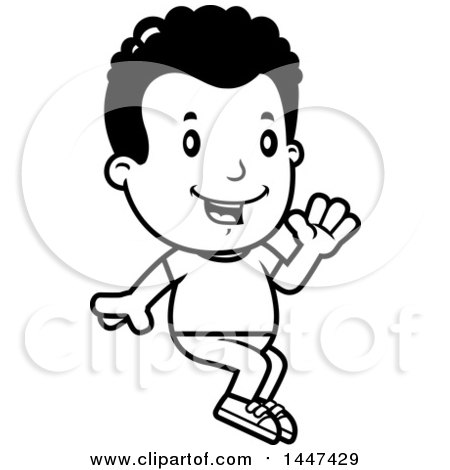 Clipart of a Retro Black and White African American Boy Waving and Sitting - Royalty Free Vector Illustration by Cory Thoman