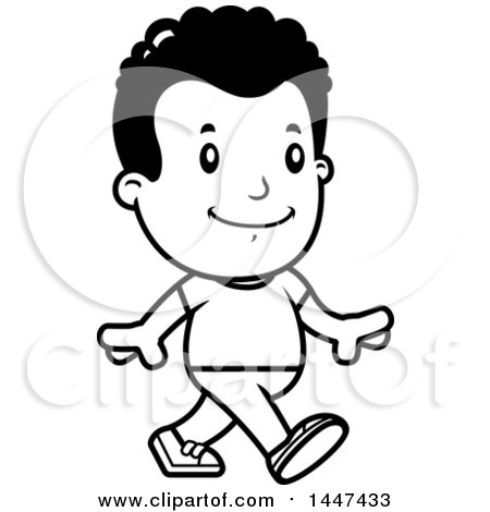 Clipart of a Retro Black and White African American Boy Walking - Royalty Free Vector Illustration by Cory Thoman