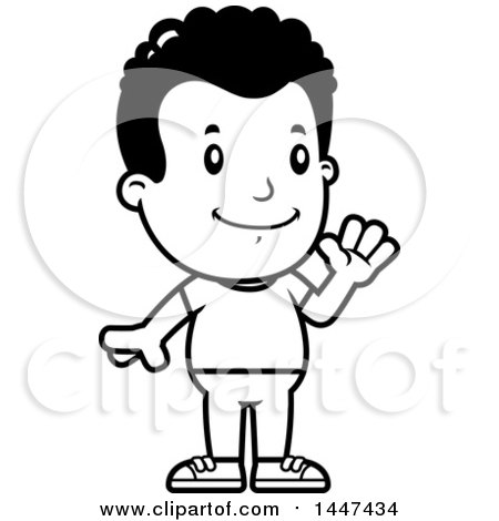 Clipart of a Retro Black and White African American Boy Waving - Royalty Free Vector Illustration by Cory Thoman