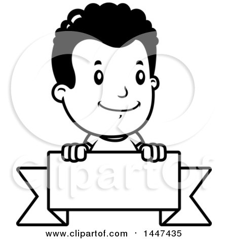 Clipart of a Black and White Retro Black and White African American Boy Smiling over a Blank Ribbon Banner - Royalty Free Vector Illustration by Cory Thoman