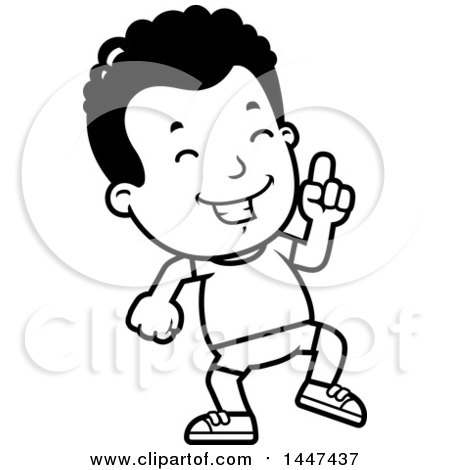 Clipart of a Retro Black and White African American Boy in Shorts, Doing a Happy Dance - Royalty Free Vector Illustration by Cory Thoman