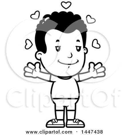 Clipart of a Retro Black and White African American Boy in Shorts, with Open Arms and Love Hearts - Royalty Free Vector Illustration by Cory Thoman