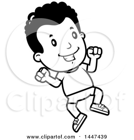 Clipart of a Retro Black and White African American Boy Jumping in Shorts - Royalty Free Vector Illustration by Cory Thoman